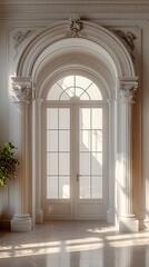 Arched door, three pedestals, light beige background, warm light.