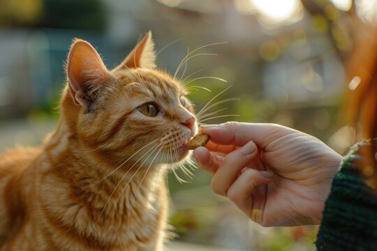 Woman Handing a Cat Treat, Ginger Cat Eagerly Reaching Out for Bonding Moment