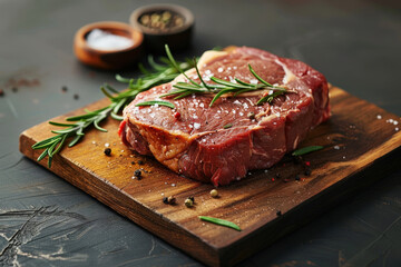 fresh raw steak meat on wooden board with rosemary and spice