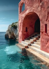 A red building with a blue archway and steps leading up to it. The building is next to a body of water