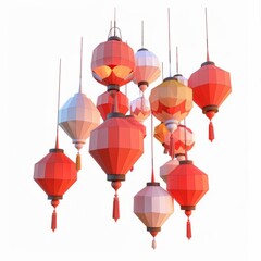 Obraz premium 3D Render, Low Poly style of a Vietnamese lantern festival, on isolated white background, Generative AI
