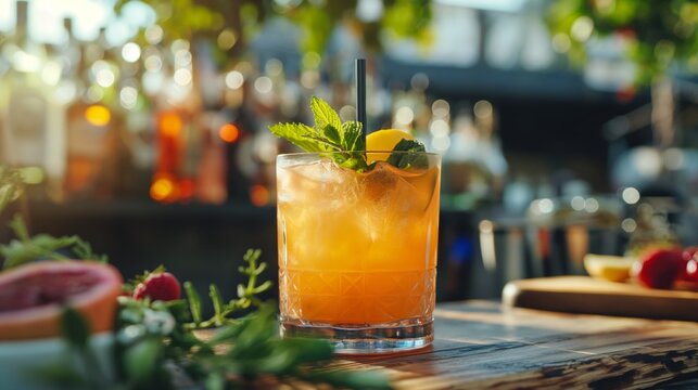 orange and lemon juice cocktail, refreshing beverage mocktail on rustic wooden bar table