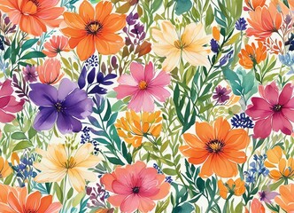 An illustration of a vibrant abstract floral artwork fof a variety of flowers in full bloom