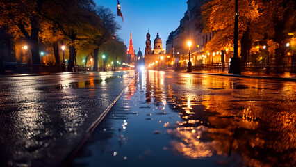 Obraz premium Detail of Rain-Soaked City Street with Reflections of Night Lights