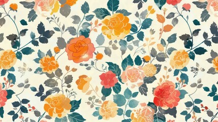 A floral patterned background with a few red roses in the foreground. The background is a mix of blue and yellow flowers, and the roses are in various shades of red. Scene is bright and cheerful