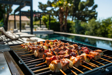 kebab meat grilled vegetable skewers professional food nearly pool . Bar bq. Bar-B-Que. Generative AI.