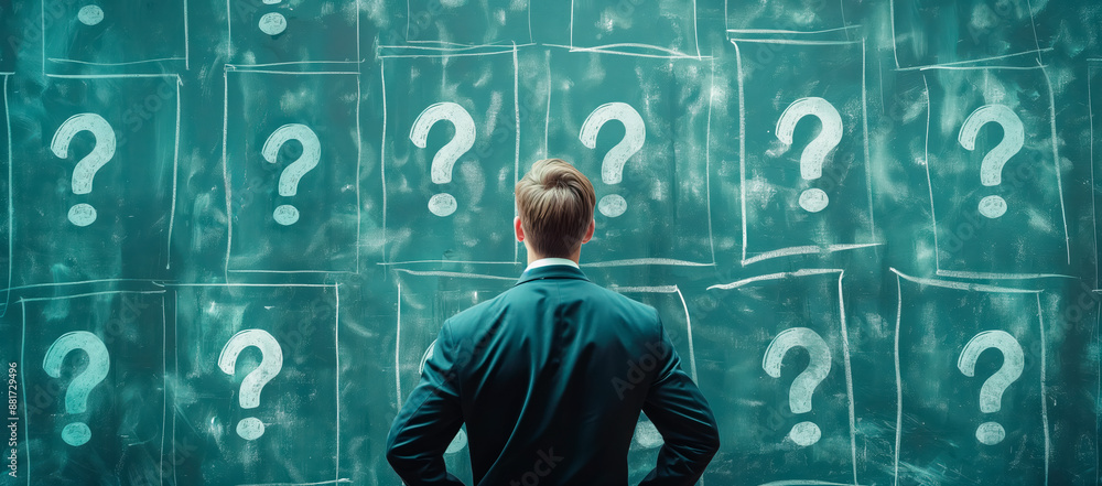 Poster A person in front of a chalkboard with question marks, symbolizing decision-making or problem-solving. Generative AI