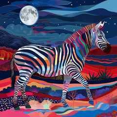majestic zebra walking gracefully at night, surrounded by a surreal, vibrant landscape