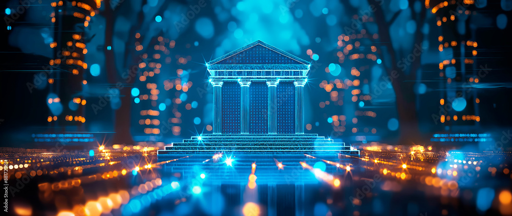 Poster A glowing digital structure resembling a classical building on a tech-inspired background, symbolizing the concept of digital innovation. Generative AI