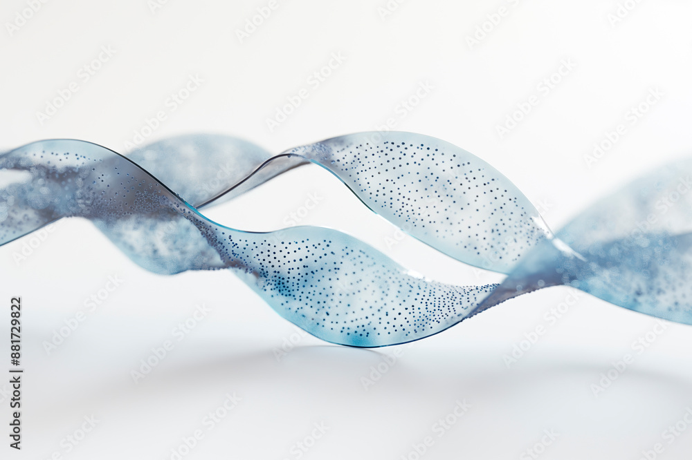 Poster A wavy blue transparent structure with perforations on a clean white background, depicting a concept of fluidity and transparency. Generative AI