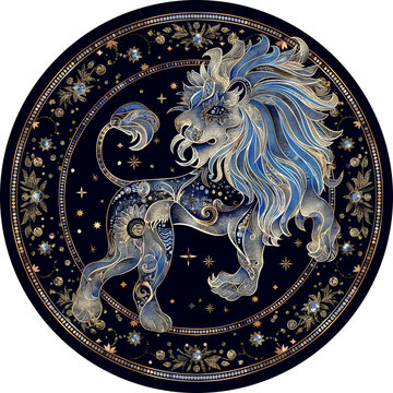 Lio zodiac sign, elegantly forming a graceful circle. The image should convey a sense of mystery and luxury, incorporating elements of the beautiful and intricate lion life. 