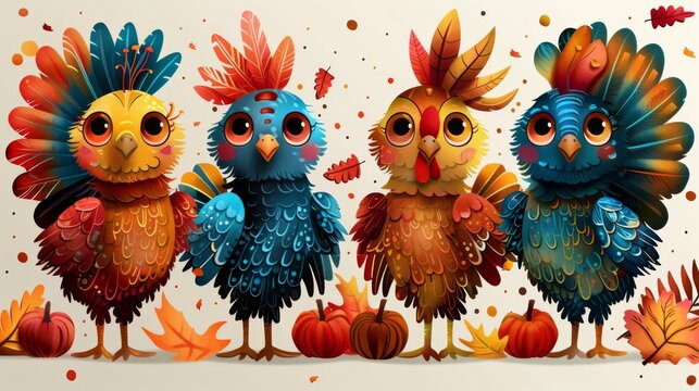 Four Colorful Roosters with Autumn Accents - Powered by Adobe