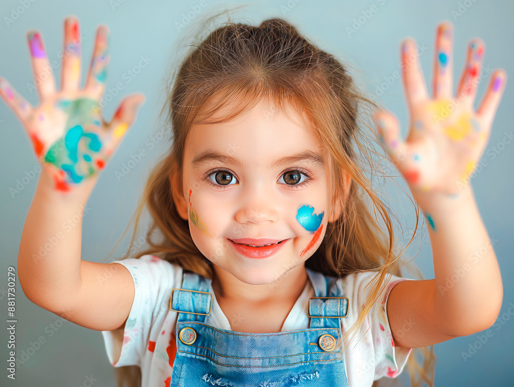 Poster a child with colorful paint on hands and face, smiling against a grey background, depicting the conc