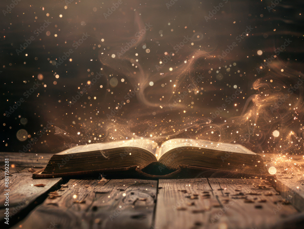 Aufkleber an open magical book with light particles and smoke on a wooden table with a dark background, depict