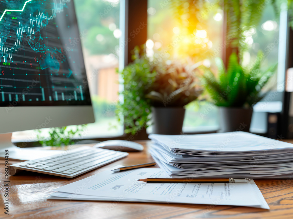 Poster Office desk with computer displaying graphs, documents, a natural light background, concept of work. Generative AI