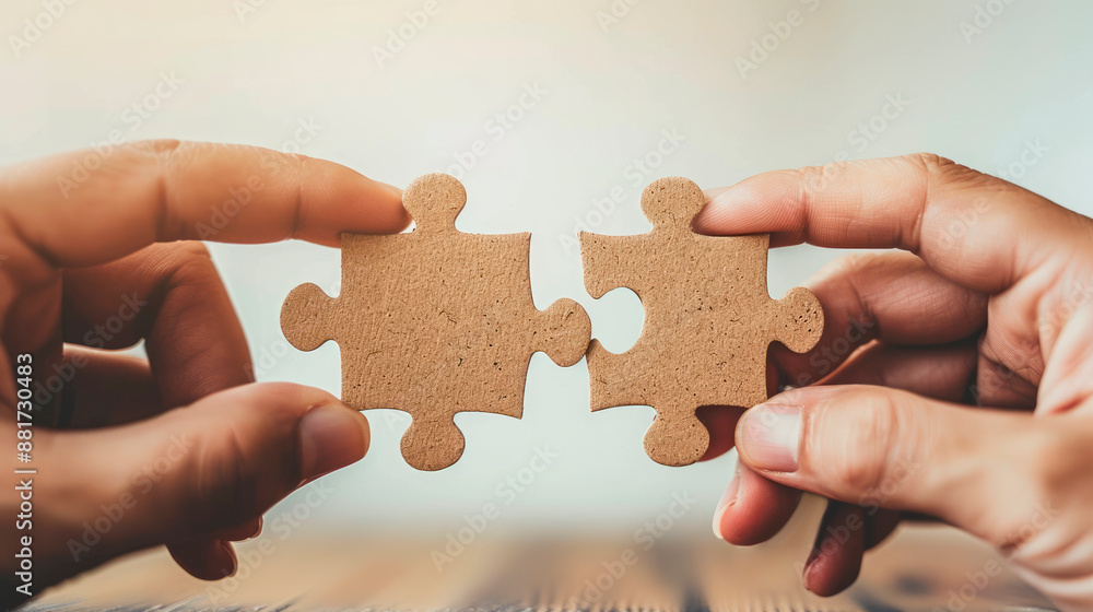 Poster two hands connecting jigsaw puzzle pieces on a bright background, symbolizing concept of solution or