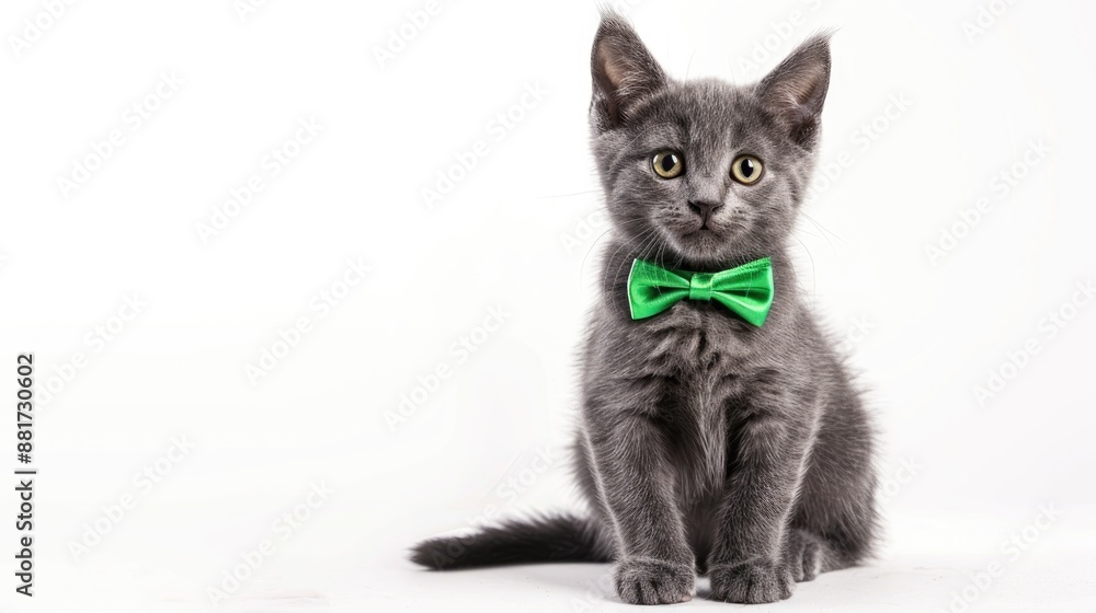 Poster Young gray cat with short hair green bow tie sitting on white background