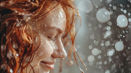 Woman washing red hair and showering in bathroom,female body and hair care with foam to freshness. Spa and Health care.