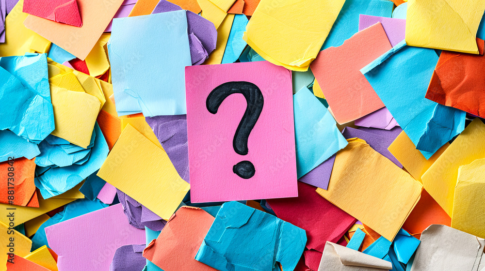 Poster various colored paper notes with a prominent pink note with a question mark, on a bright background,