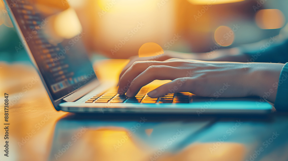 Poster close-up of hands typing on a laptop keyboard with warm sunlight in the background, capturing the co