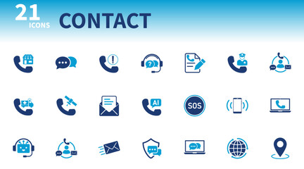 Contact icon. Set of call icons, chat messages, mail, location, sos,...