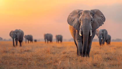 Obraz premium A majestic herd of elephants walking across the savannah at sunset, showcasing the beauty of wildlife and nature.