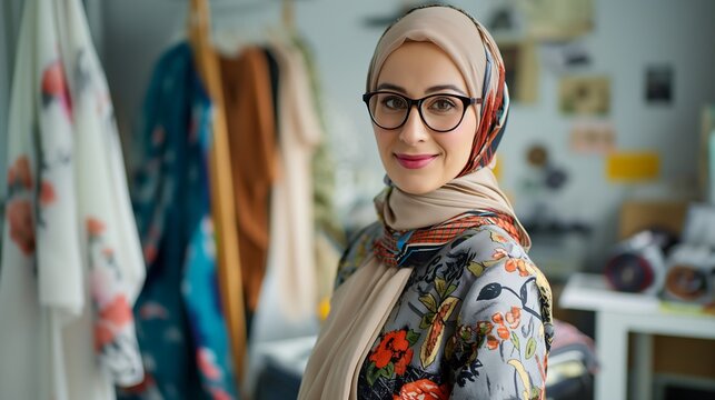 A creative female fashion designer in hijab wearing stylish clothes, smiling at the camera in a design studio with fabric and sketches, expressing creativity in fashion design - Powered by Adobe