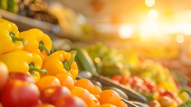 Fresh colorful bell peppers and other vegetables in a grocery store with sunlight streaming in, highlighting the vibrant produce display.