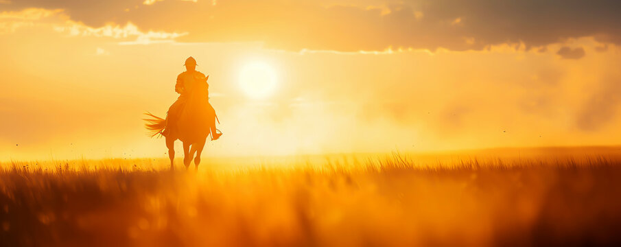 Silhouette of cowboy riding horse during a golden sunset in open field, showcasing a serene and picturesque countryside scene.