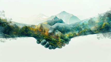 Double Exposure of Handshake Over Forest and Mountain Landscape Symbolizing Environmental Unity