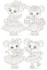 Set of contour illustrations in stained glass style with cute cartoon mice, dark outlines isolated on a white background