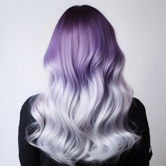 Fototapeta premium A woman with long, wavy hair featuring a purple to white ombre color