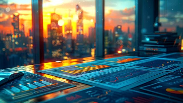 Office desk with financial charts and city skyline at sunset - Powered by Adobe