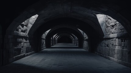 A Dimly Lit Arched Stone Tunnel with Shadowy Passageway Leading Into Darkness