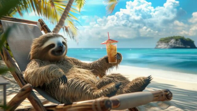 Sloth Relaxing On Beach Chair under a palm tree, Holding A Tropical Drink. Lazy vacation, Summer