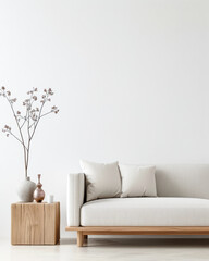 Minimalist interiors in neutral tones with minimal furniture and balanced lighting. Residential Real Estate mockup image with copy space.