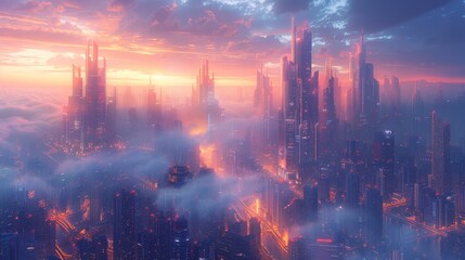 Fototapeta premium Futuristic Cityscape at Sunset with Skyscrapers and Clouds - Generative AI