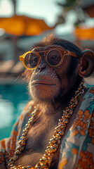 Monkey in sunglasses with a gold chain by the pool. Poolside, travel, cruise, vacation, leisure, summer, animal, wildlife, fun, pleasure, journey, adventure, tropical