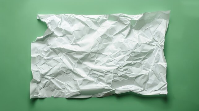 A4 paper sheet mockup with crumpled celofan food film on green background