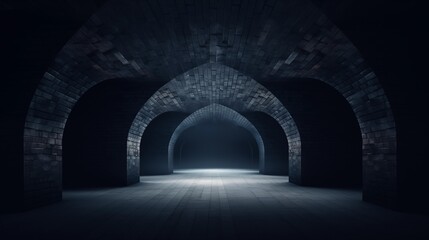 Fototapeta premium Mysterious Arched Vault Corridor with Dim Lighting and Historic Architecture