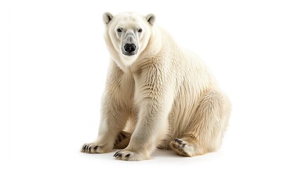 Studio shot of a Polar bear sitting and looking forward on a white background.