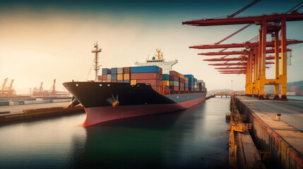 Naklejka premium Cargo tanker in the port for unloading, loading. Export import of goods. Commercial delivery. AI generated.