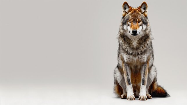 Studio shot of a wolf sitting and looking forward on a white background.

