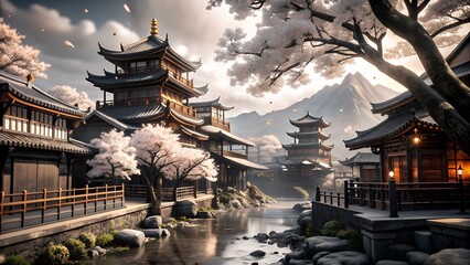 landscape temple anime background wallpaper