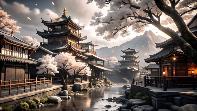 landscape temple anime background wallpaper