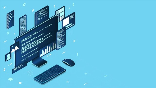 Isometric computer technology animation. Desktop computer platforms. Software programming coding concept. Code with computer monitor. 4K video animated in isometric style