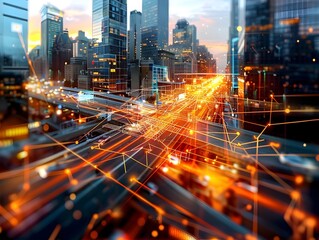 Fototapeta premium Detailed Traffic Report Overlaying a Vibrant Cityscape with Congestion Hotspots