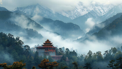 Obraz premium Recreation of a tibetan temple in some lost place in the mountains, Shangri la, the lost horizon