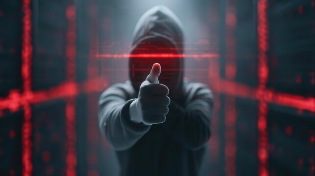 Hacker in a hoodie giving a thumbs-up with red matrix code background, symbolizing cybersecurity and hacking approval.