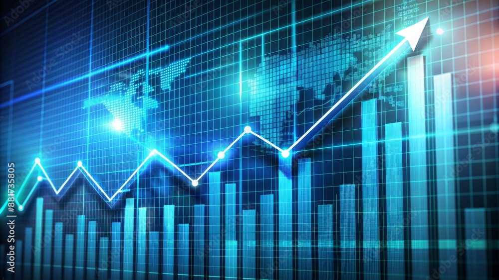 Poster upward trending line graph with rising bars and arrows on a digital display, showcasing exponential 